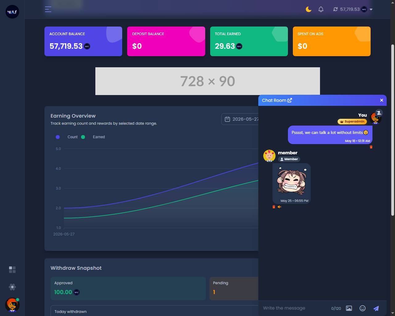 User Dashboard, Earnings & Chat