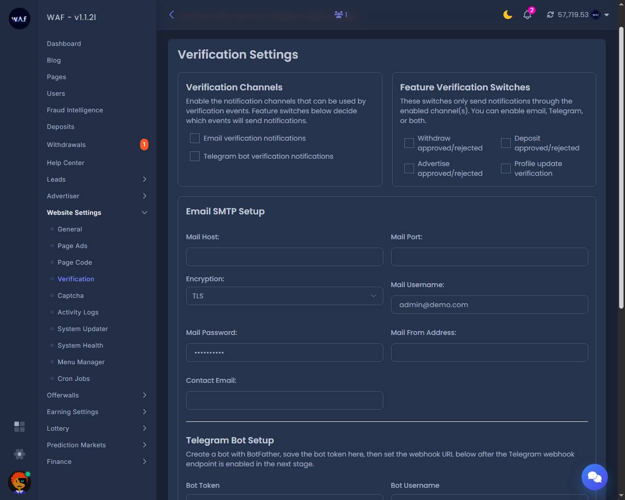 Verification, Email & Telegram Settings